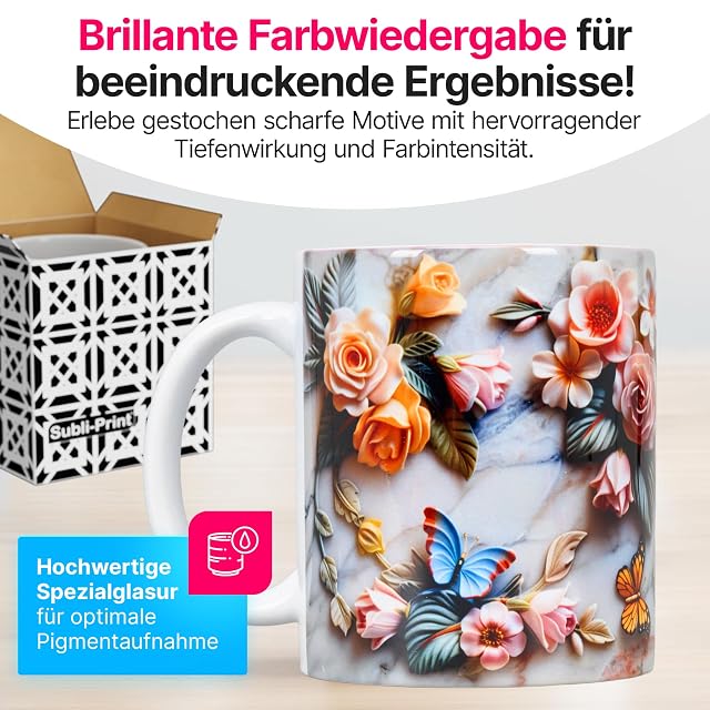 White mug printed with roses and butterflies beside a patterned Subli-Print box