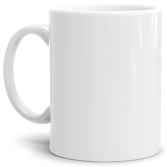 Plain white ceramic mug with a round handle