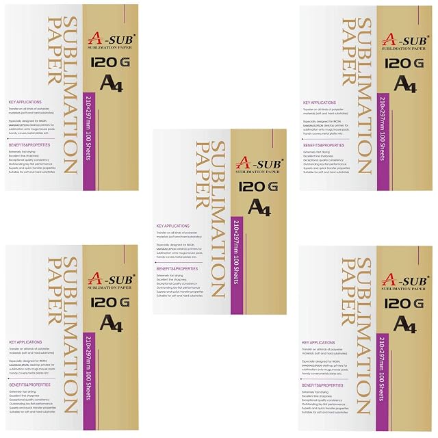 Five A-SUB packs marked 120 G, A4, 210 × 297 mm, 100 sheets