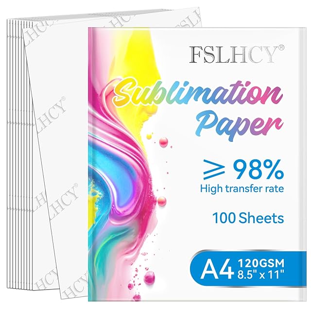 FSLHCY sublimation paper pack marked ≥98 % transfer rate, 100 sheets, A4 120GSM and 8.5 × 11 in, sheets with logo backs