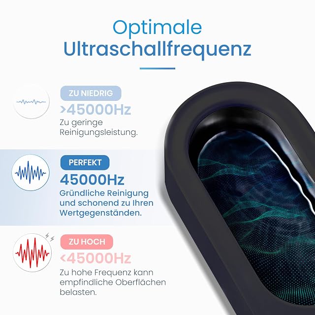 Close-up of the black mfa ultrasonic cleaner tank beside a frequency graphic