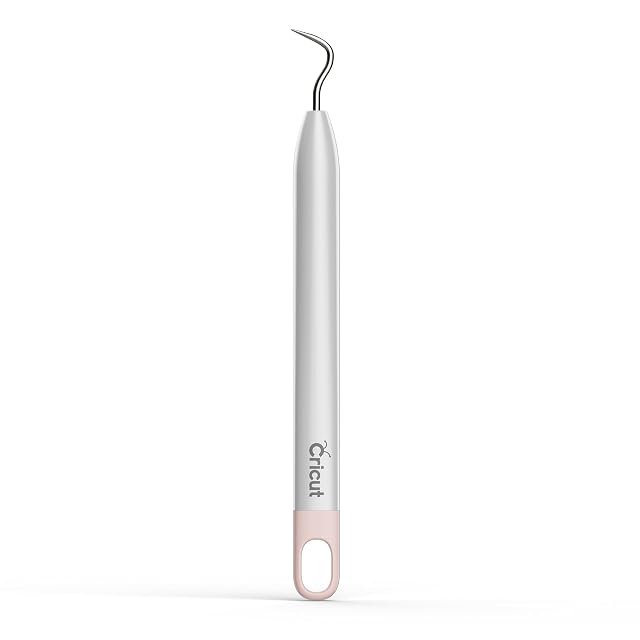 Silver Cricut weeder with a fine hooked tip and a pink hanging loop