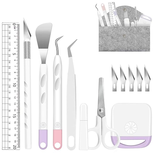 Ruler, craft knife, spatula, hook, tweezers, covered scissors, scraper, five blades and a felt pouch